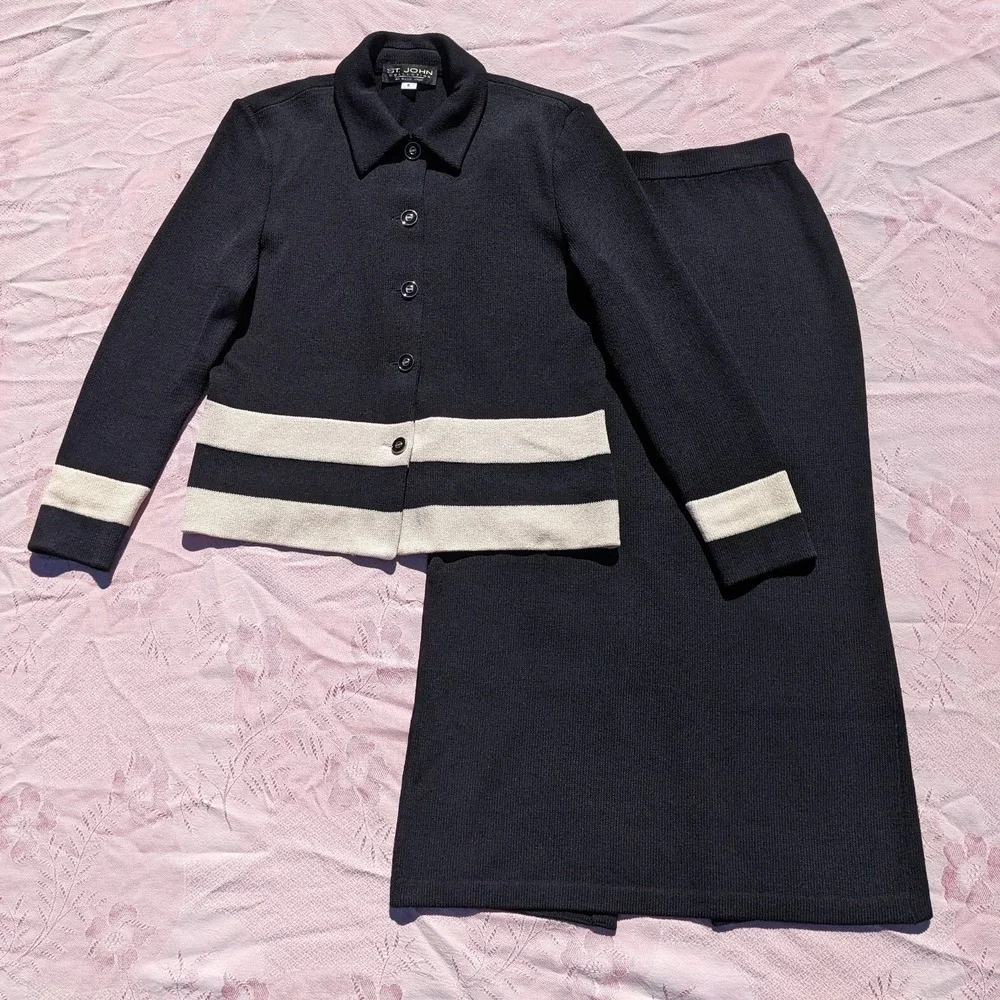 Vintage St John Collection Santana Knit 2 Piece Skirt Suit Set 6 Black Cream - Picture 16 of 16